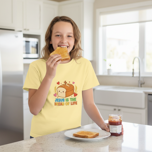 Youth Tee — “Jesus Is The Bread of Life” Cute Christian Bread Graphic