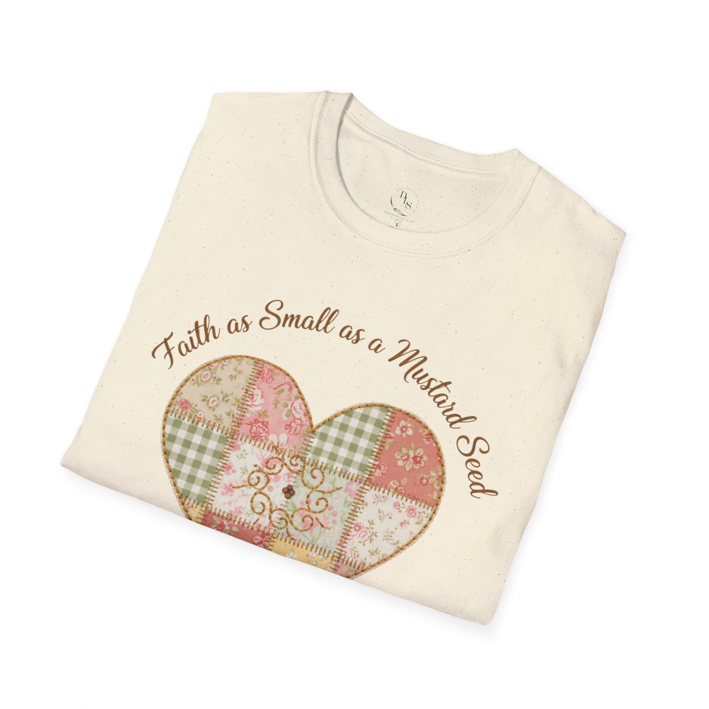 Faith as Small as a Mustard Seed T-Shirt — Heart Patchwork Matthew 17:20 Christian Tee