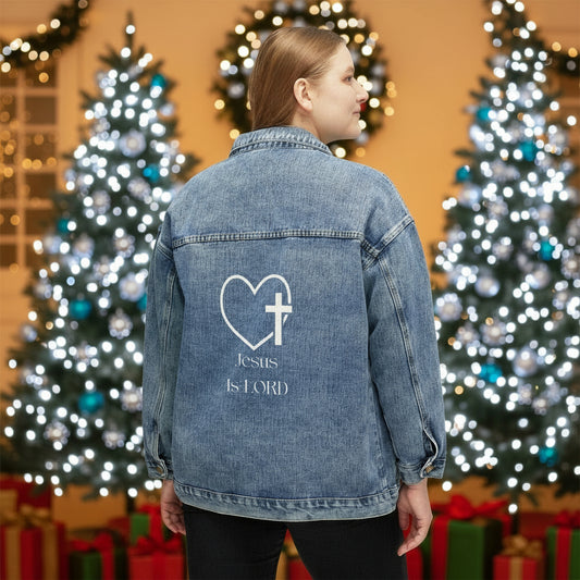 Jesus is Lord Faith-Inspired Women's Denim Jacket with Heart & Cross Design