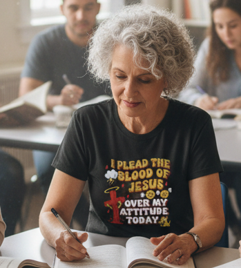 I Plead the Blood of Jesus Over My AttitudeFunny T-Shirt, — Christian Faith Prayer Tee