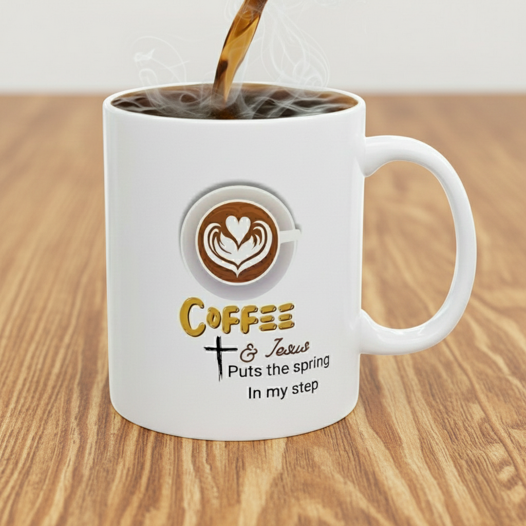 Jesus and Coffee, a day coffee puts a spring in my step  Mug — Funny Coffee Quote 11oz & 15oz