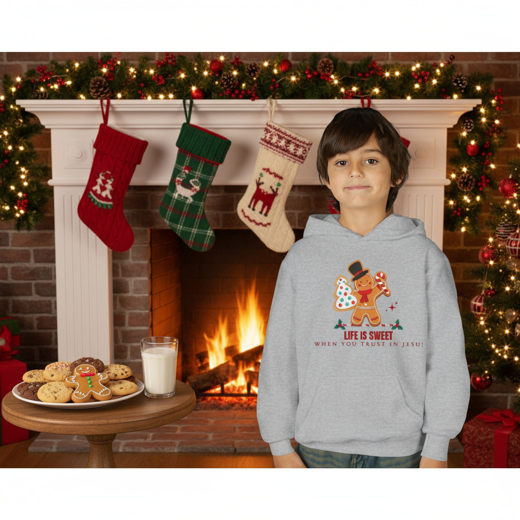 Gingerbread Life is Sweet Youth Hoodie, Christmas Gift, Holiday Apparel, Kid's Sweater, Cozy Sweatshirt, Fun Jacket