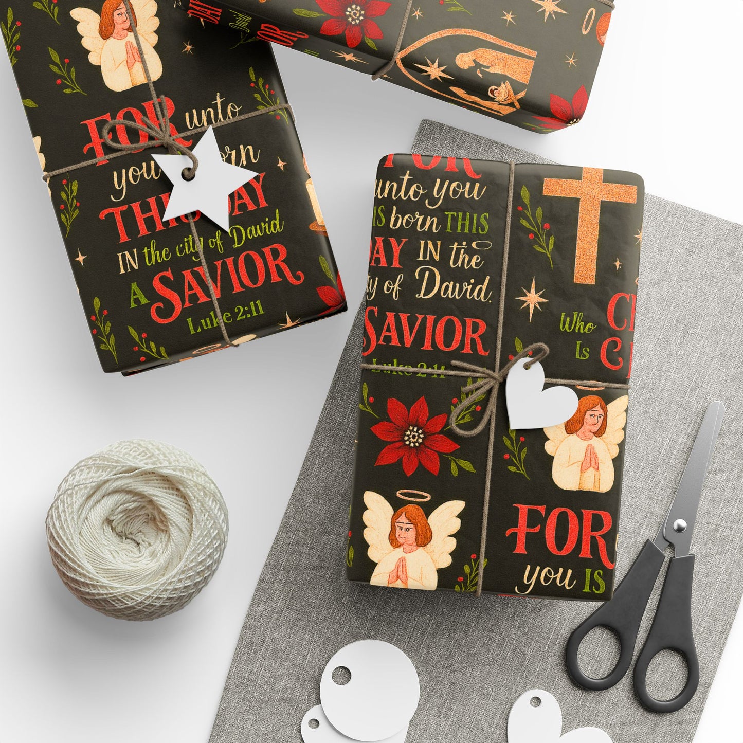 Christian Nativity Wrapping Paper – 'For This Day a Savior Is Born' Holiday Gift Wrap (Angels, Crosses & Manger Pattern)