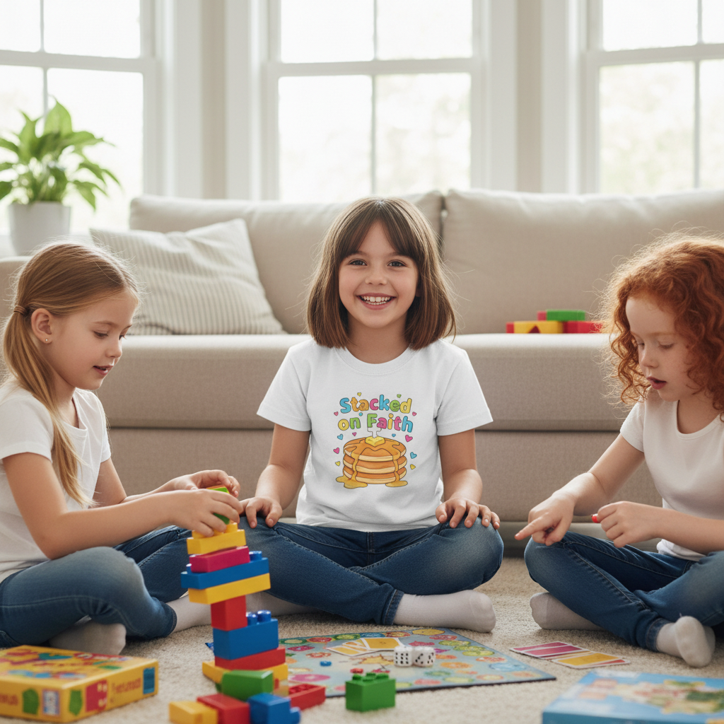 Kids T-Shirt — "Stacked on Faith" Pancake Graphic Tee for Christian Kids