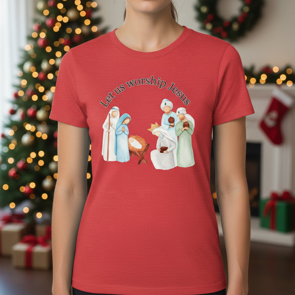 Let Us Worship Jesus Christmas T Shirt from Remarkablefaith.net beautiful manager scene