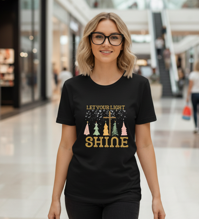 Let Your Light Shine Christmas Tee — Holiday Faith Tree Graphic T-Shirt
