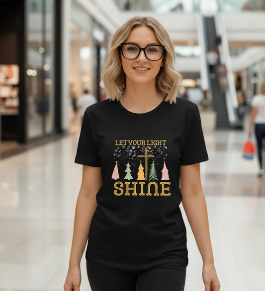 Let Your Light Shine Christmas Tee — Holiday Faith Tree Graphic T-Shirt