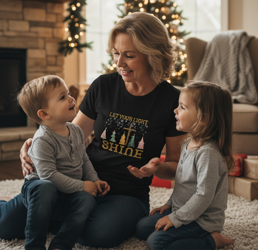 Let Your Light Shine Christmas Tee — Holiday Faith Tree Graphic T-Shirt
