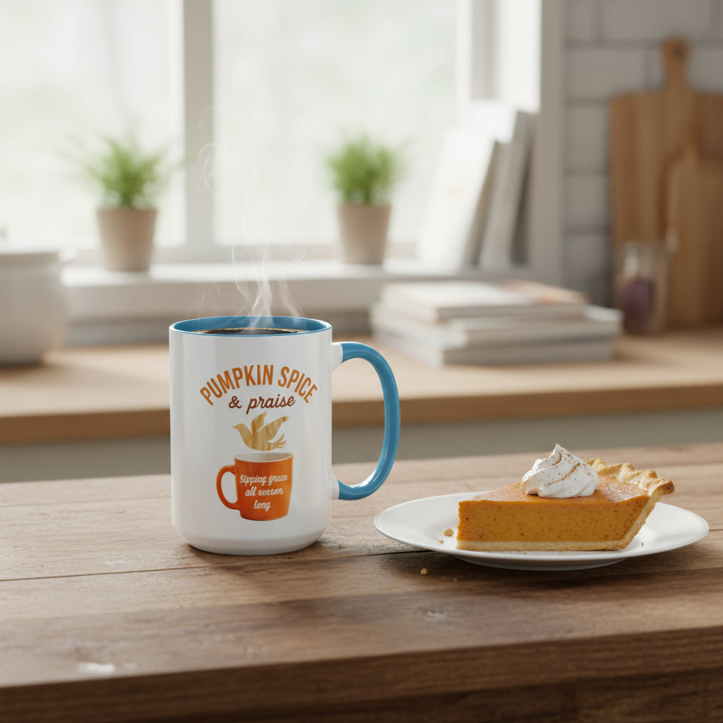 “Pumpkin Spice & Praise” fall comfort coffee cup. Give God all the praise well you enjoy your pumpkin spice.