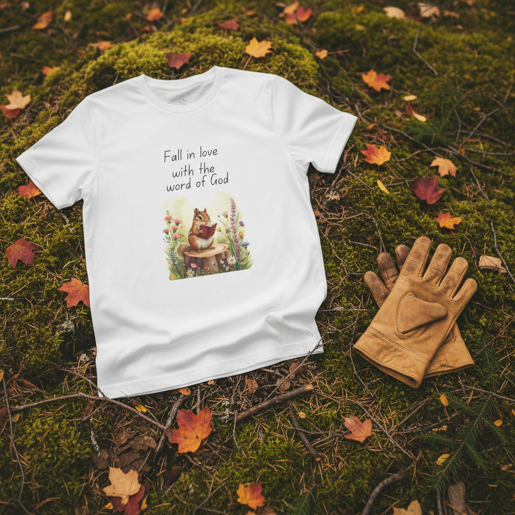 Fall in love with the word of God chipmunk t shirt. Celebrate this fall with this cute t shirt makes for a great gift.