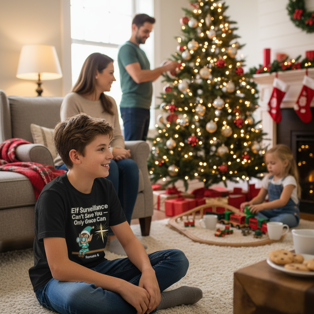 Christian Christmas Tee - "Elf Surveillance Can't Save You — Only Grace Can" (Romans 6)