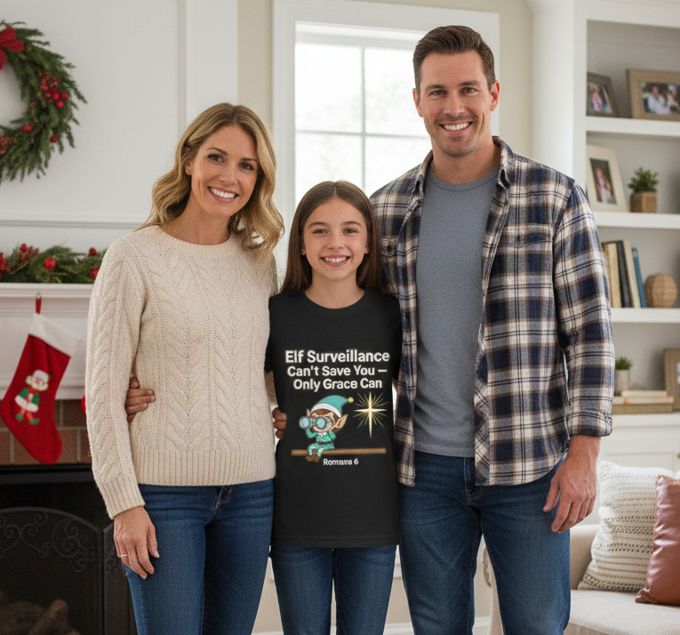 Christian Christmas Tee - "Elf Surveillance Can't Save You — Only Grace Can" (Romans 6)