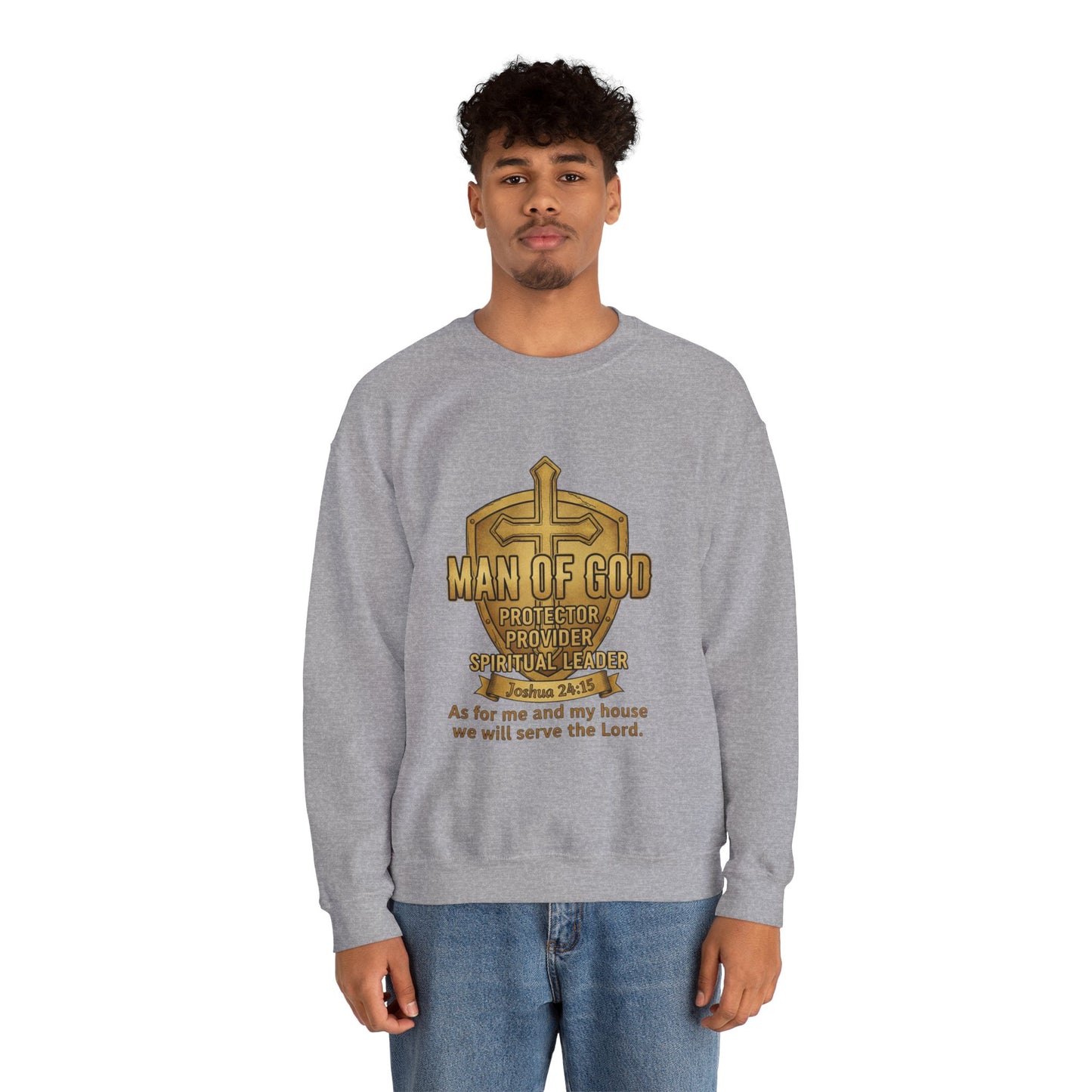 Man of God Protector Crewneck Sweatshirt — Christian Shield & Sword Heavy Blend