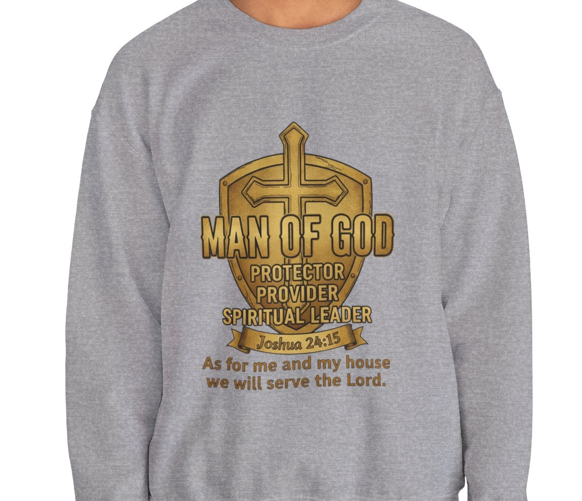 Man of God Protector Crewneck Sweatshirt — Christian Shield & Sword Heavy Blend