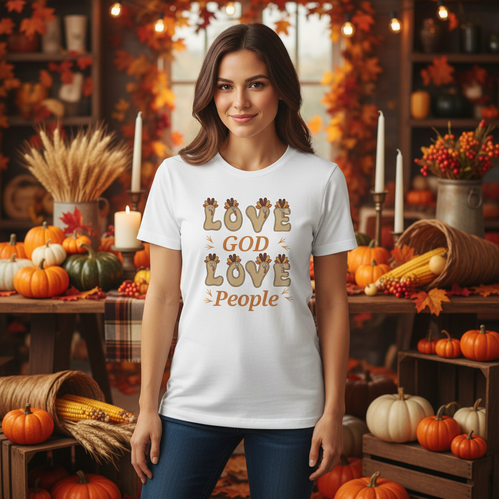 Love God, Love People Thanksgiving T Shirt -  Short Sleeve Tee