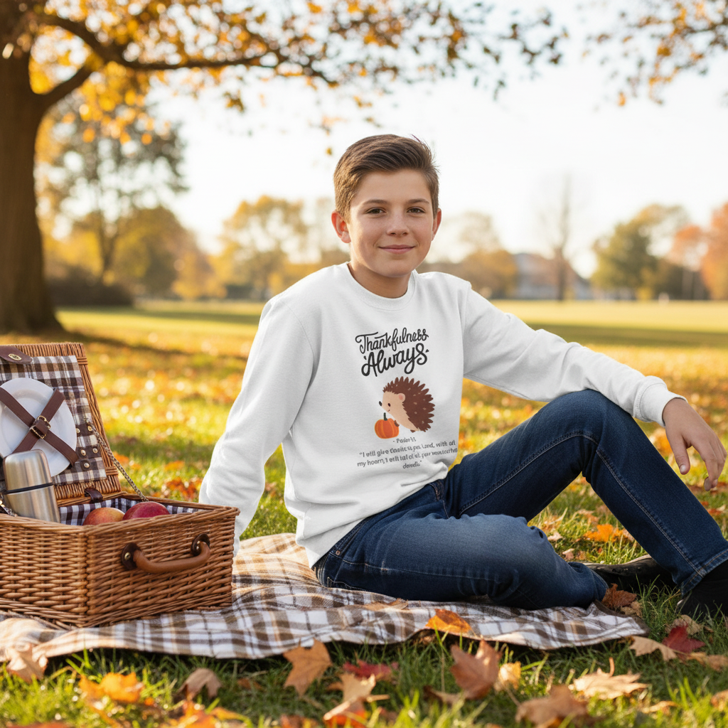 Thankfulness Always Hedgehog Long Sleeve Tee, Autumn Apparel, Thanksgiving Shirt, Cute Hedgehog Gift, Fall Fashion, Unisex Tee