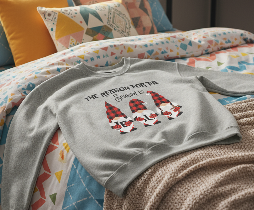 Christmas Gnome Sweatshirt – “The Reason for the Season” Buffalo Plaid Crewneck