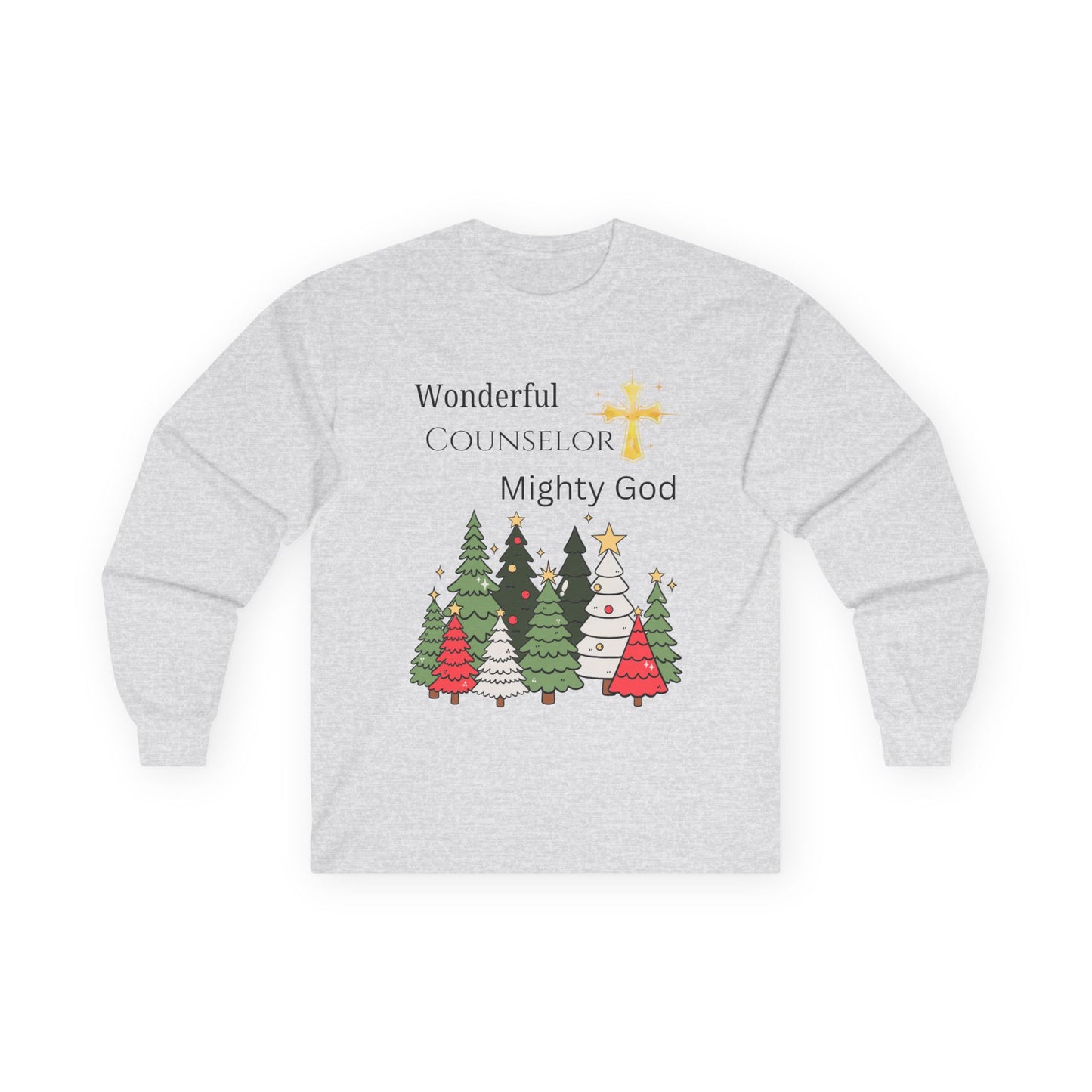 Christian Christmas Long Sleeve Tee — "Wonderful Counselor, Mighty God" with Holiday Tree Design