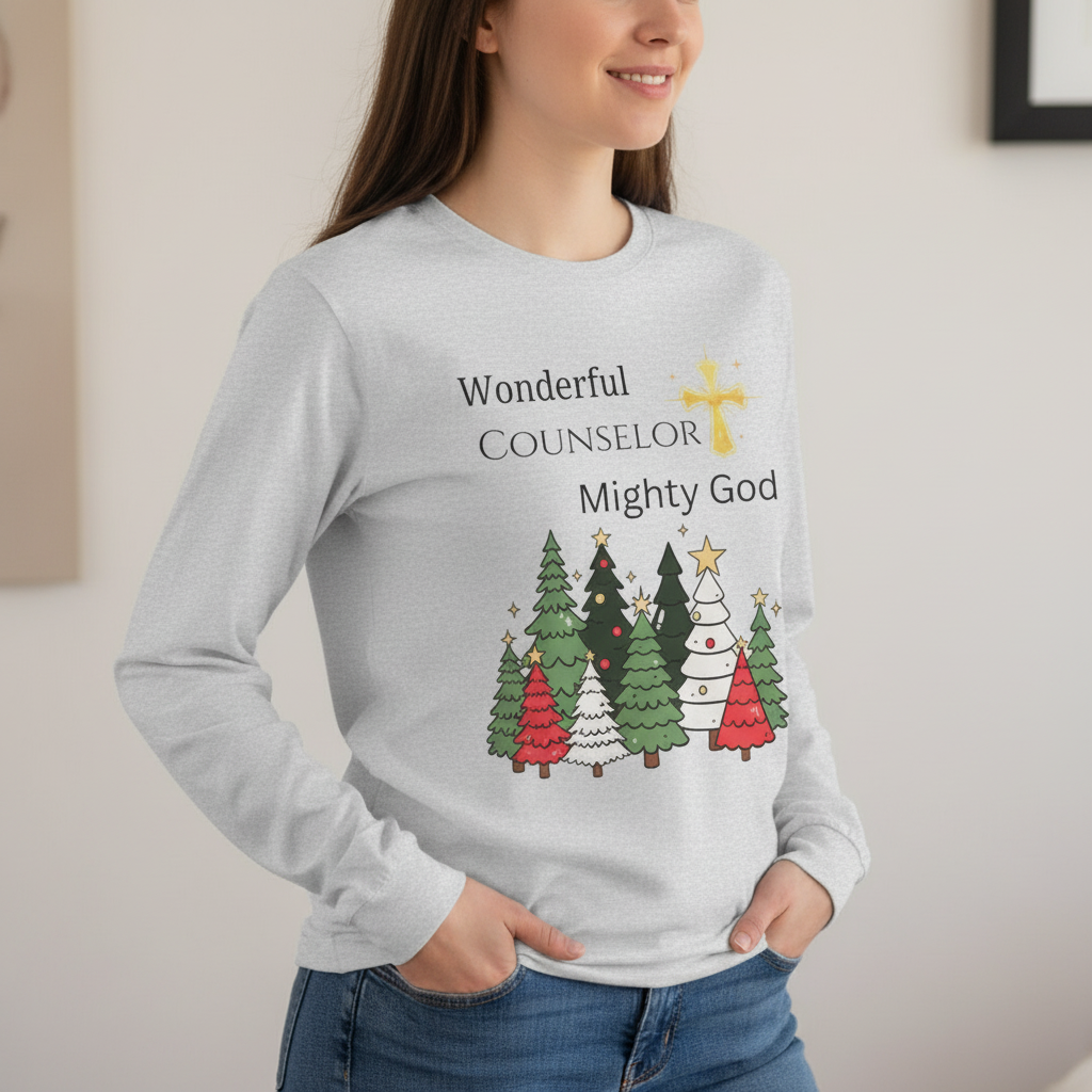 Christian Christmas Long Sleeve Tee — "Wonderful Counselor, Mighty God" with Holiday Tree Design