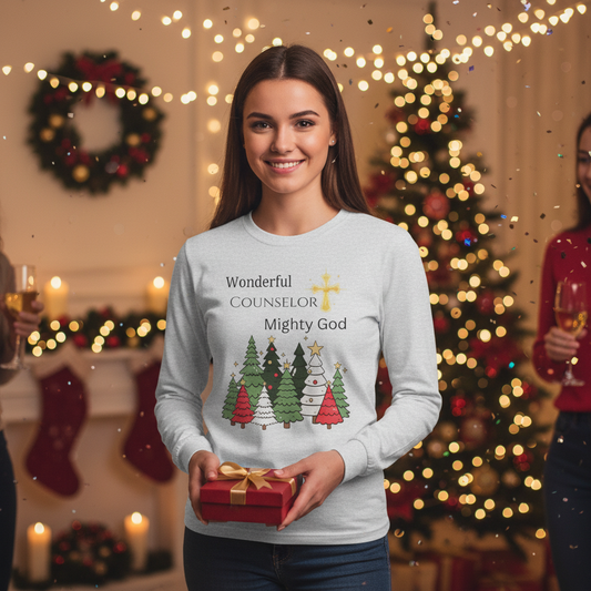 Christian Christmas Long Sleeve Tee — "Wonderful Counselor, Mighty God" with Holiday Tree Design