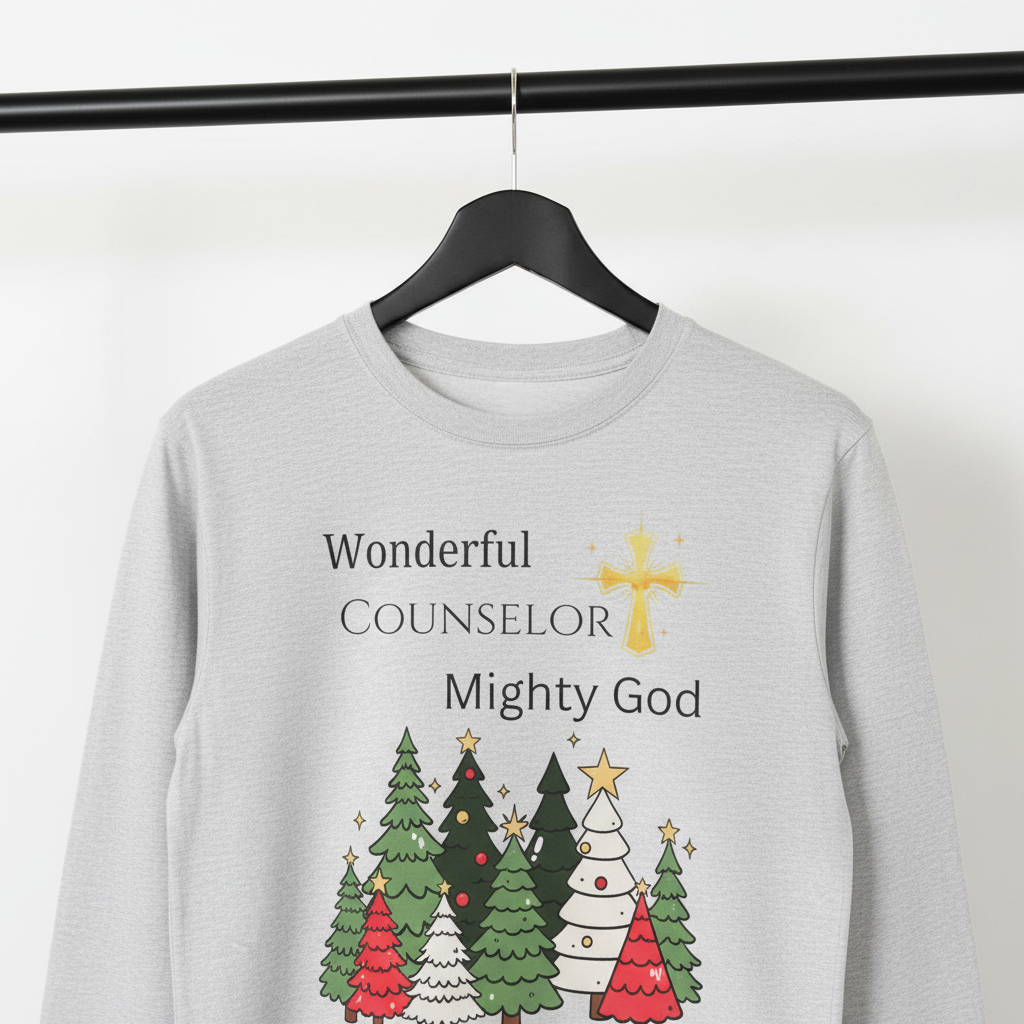 Christian Christmas Long Sleeve Tee — "Wonderful Counselor, Mighty God" with Holiday Tree Design