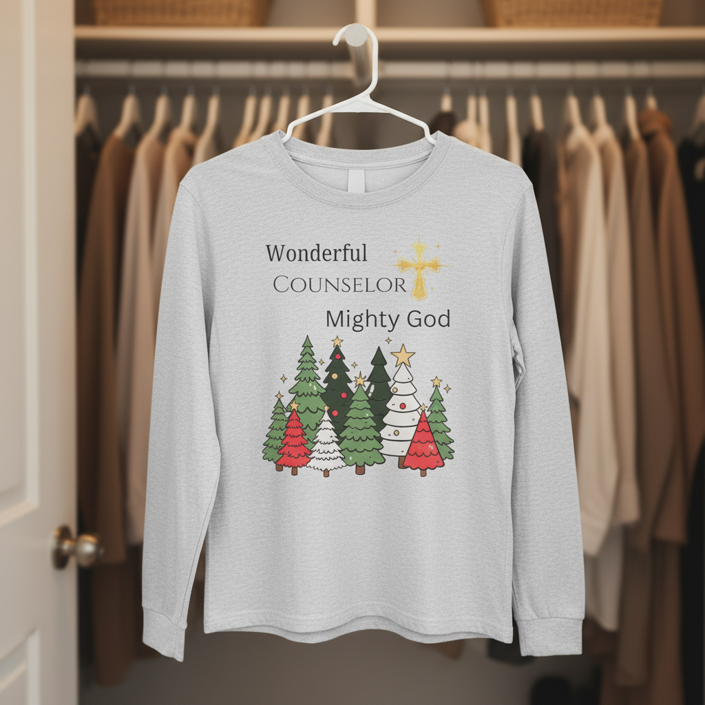 Christian Christmas Long Sleeve Tee — "Wonderful Counselor, Mighty God" with Holiday Tree Design