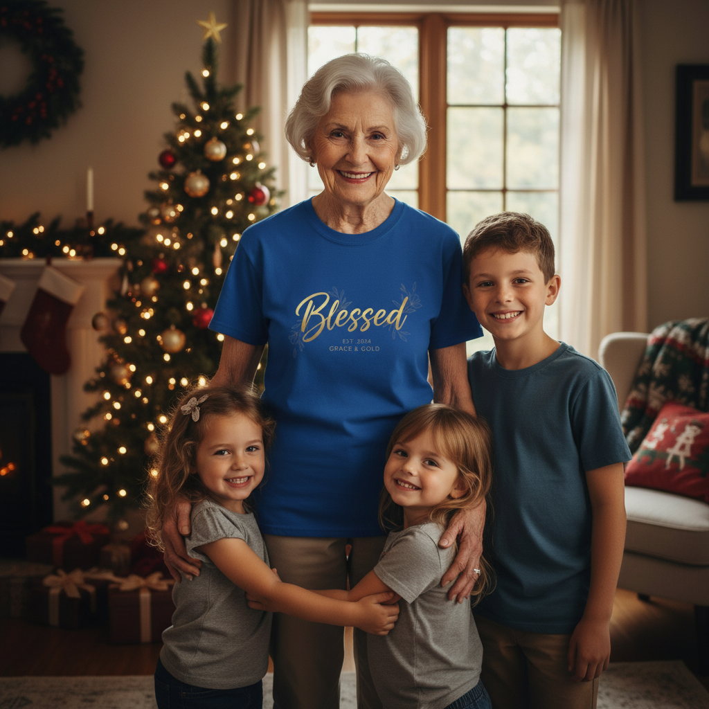 Blessed Gold Script T-Shirt — Inspirational Faith Tee