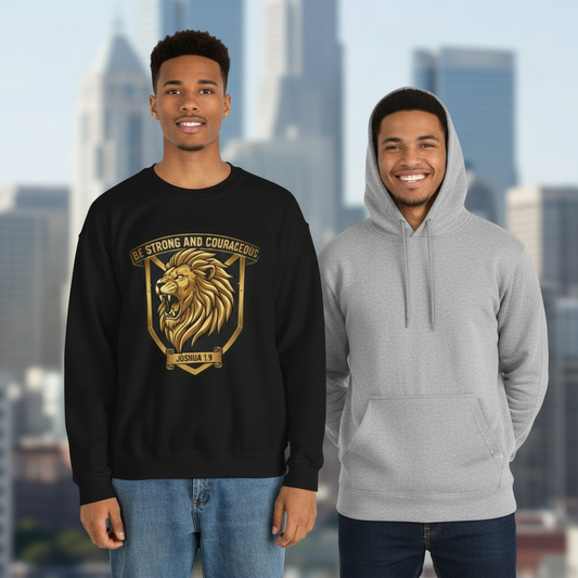 Lion Crest Crewneck Sweatshirt – "Be Strong and Courageous" Inspirational Pullover
