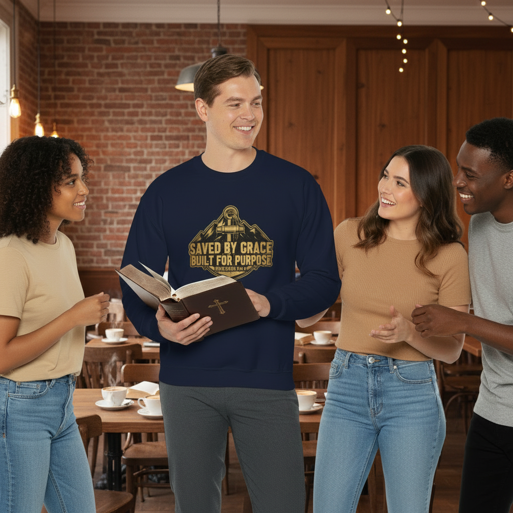 Crewneck Sweatshirt — "Saved By Grace, Built For Purpose" Christian Mountain Design