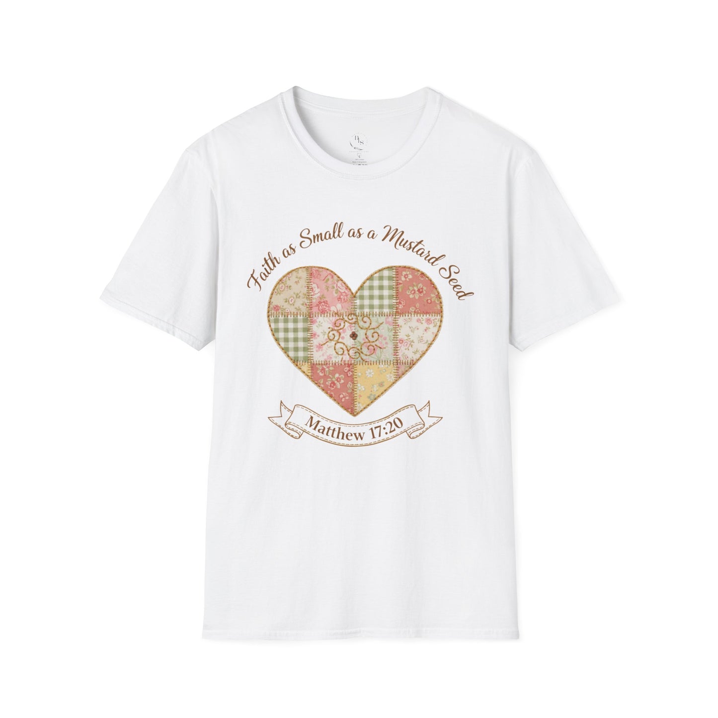 Faith as Small as a Mustard Seed T-Shirt — Heart Patchwork Matthew 17:20 Christian Tee