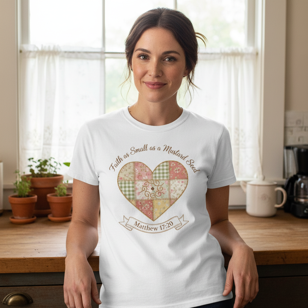 Faith as Small as a Mustard Seed T-Shirt — Heart Patchwork Matthew 17:20 Christian Tee
