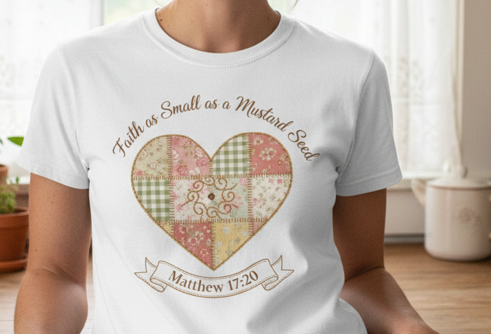 Faith as Small as a Mustard Seed T-Shirt — Heart Patchwork Matthew 17:20 Christian Tee