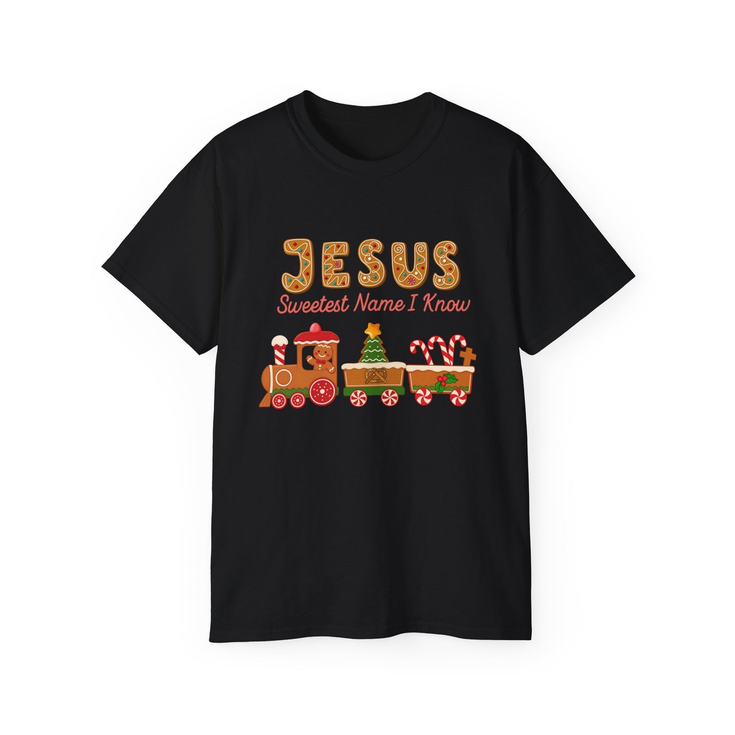 Jesus 'Sweetest Name I Know' Christmas Tee — Festive Gingerbread Train Christian Shirt