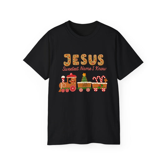 Jesus 'Sweetest Name I Know' Christmas Tee — Festive Gingerbread Train Christian Shirt