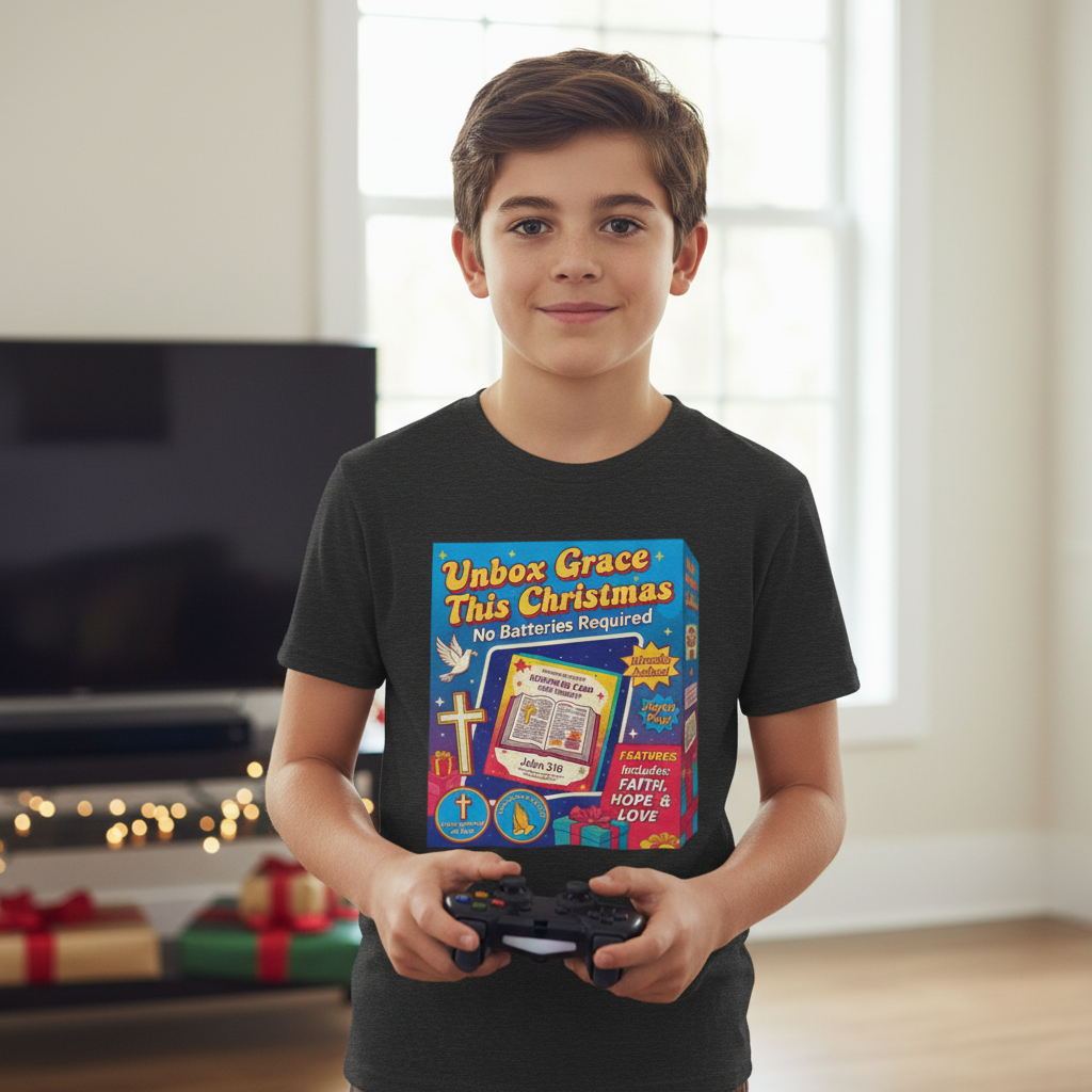 Christmas Faith Tee — “Unbox Grace This Christmas” Graphic T-Shirt
