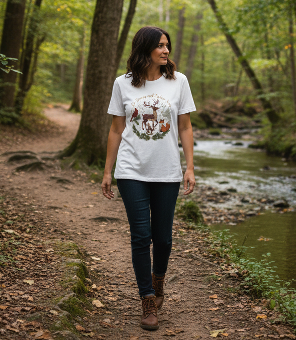 Woodland Christmas Tee — 'Believe in Heaven and Nature Again' Deer & Forest Animals T-Shirt