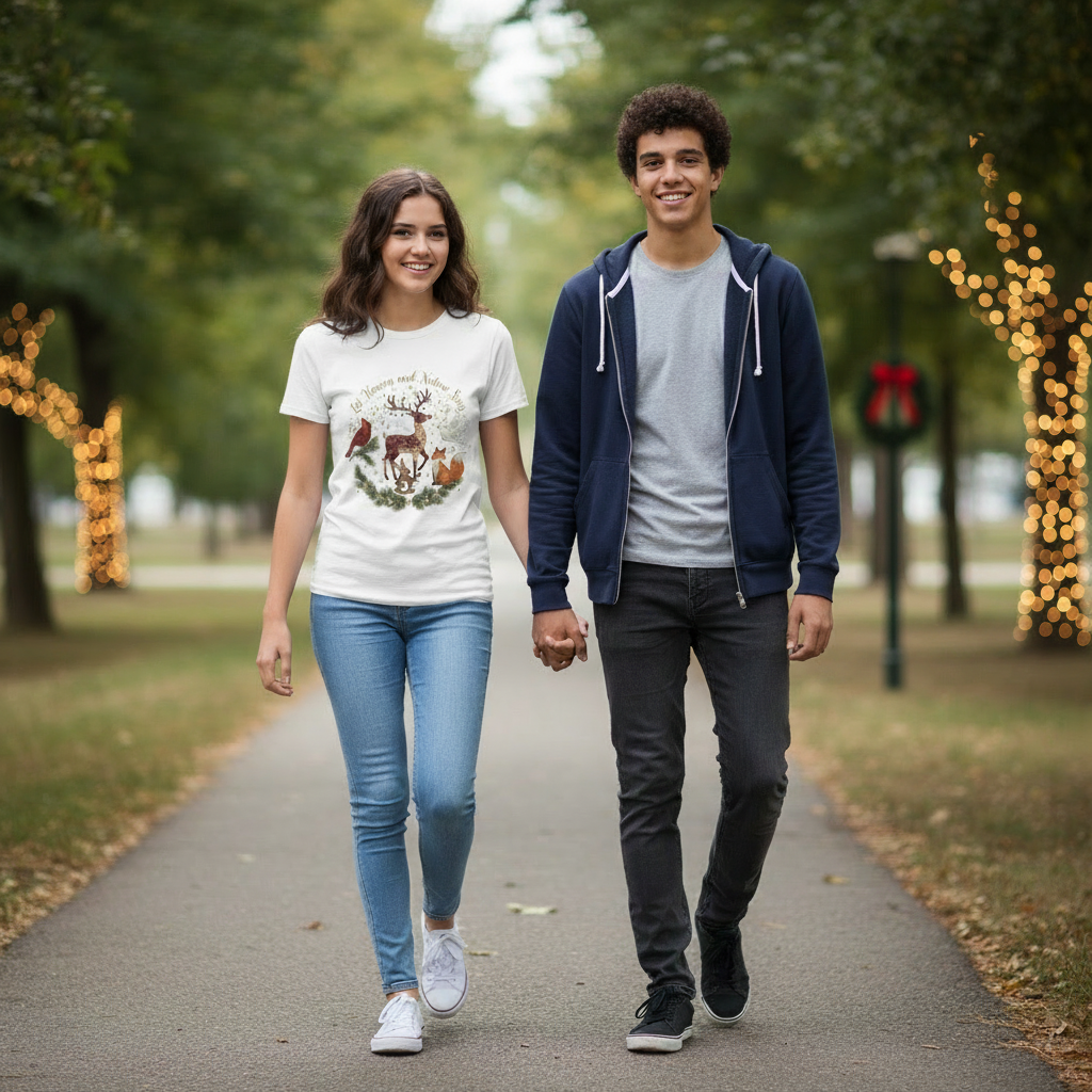 Woodland Christmas Tee — 'Believe in Heaven and Nature Again' Deer & Forest Animals T-Shirt