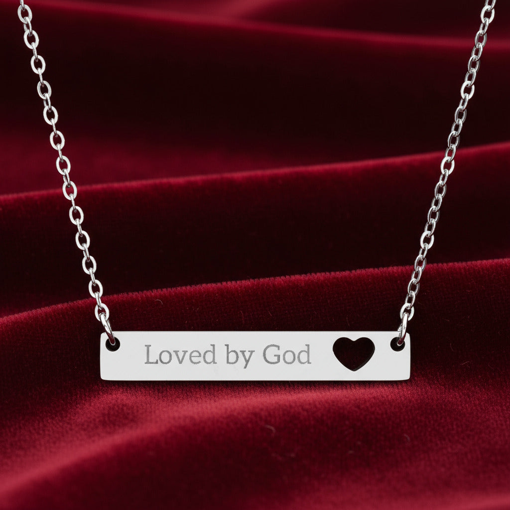 Engraved Heart Bar Necklace - Loved by God
