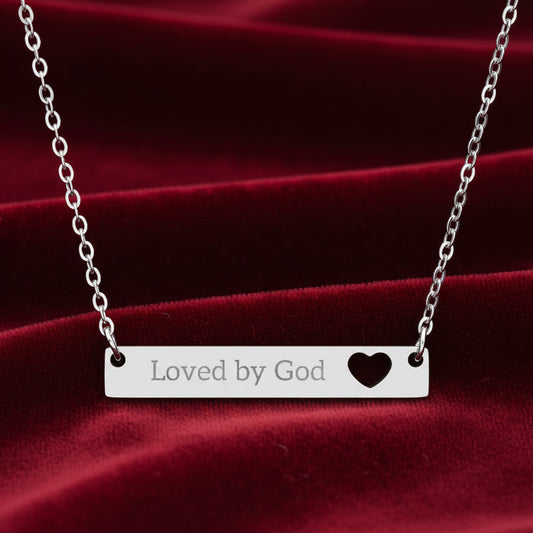 Engraved Heart Bar Necklace - Loved by God