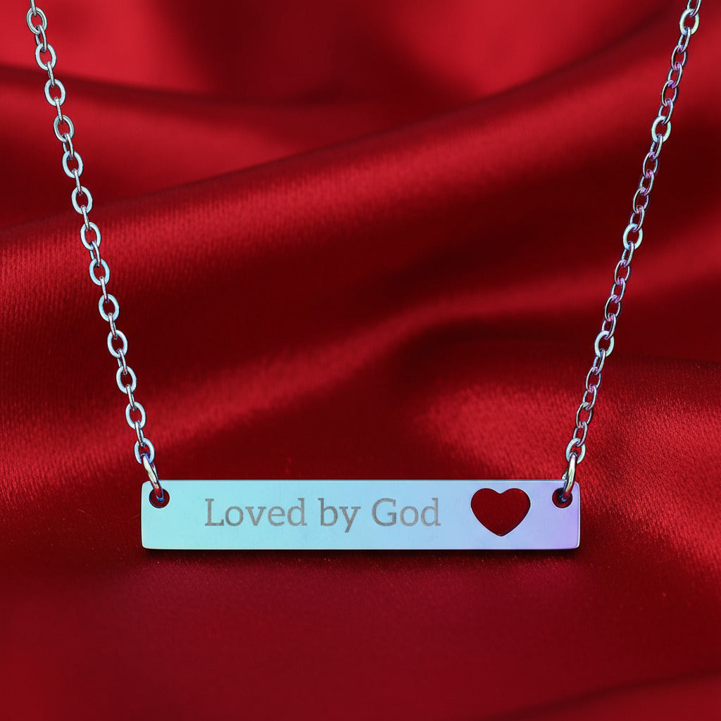Engraved Heart Bar Necklace - Loved by God