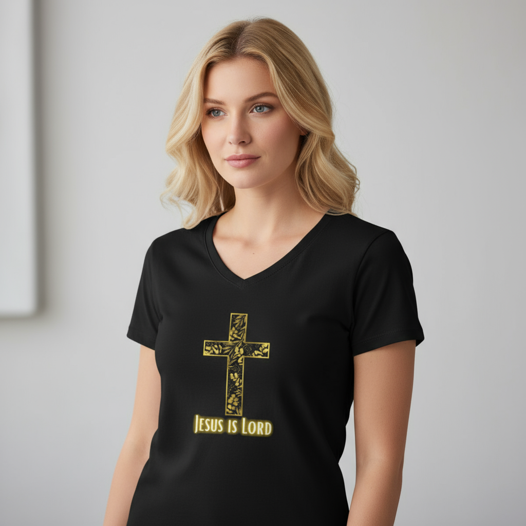 Women's Floral Cross V‑Neck T‑Shirt — Faith Over Fear Inspirational Top