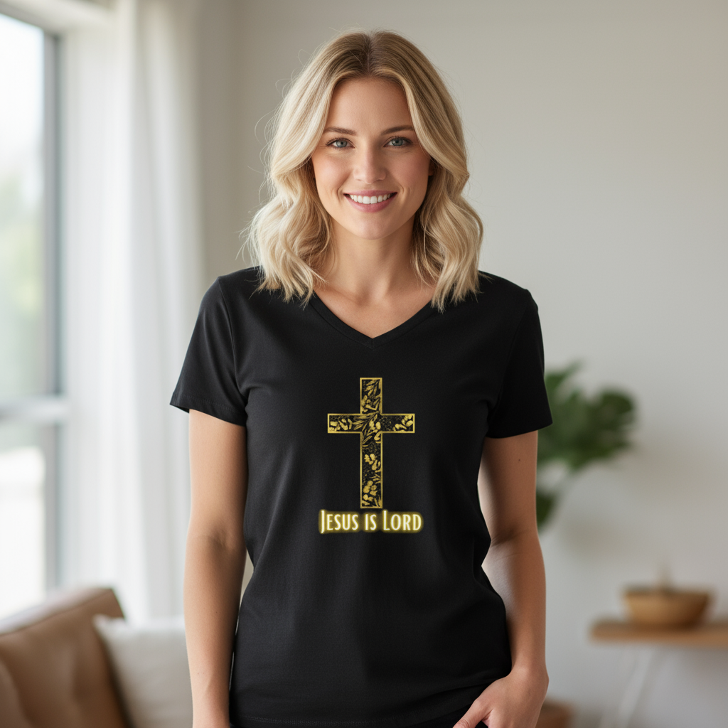 Women's Floral Cross V‑Neck T‑Shirt — Faith Over Fear Inspirational Top