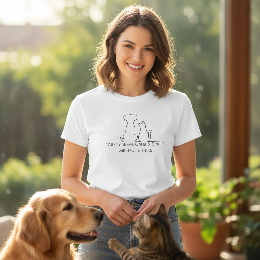 Pets & Faith Unisex Tee - All Creatures Great & Small, Cat & Dog T-Shirt, Animal Lovers Shirt, Bible Verse Tee, Christian Gift