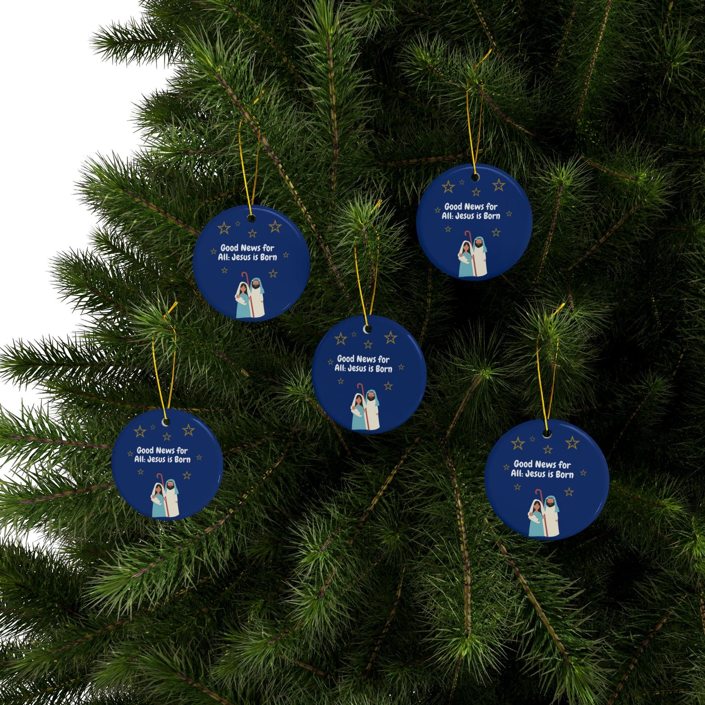 Christmas Ceramic Ornaments - "Good News for All: Jesus is Born" - Set of 1, 3, 5, or 10