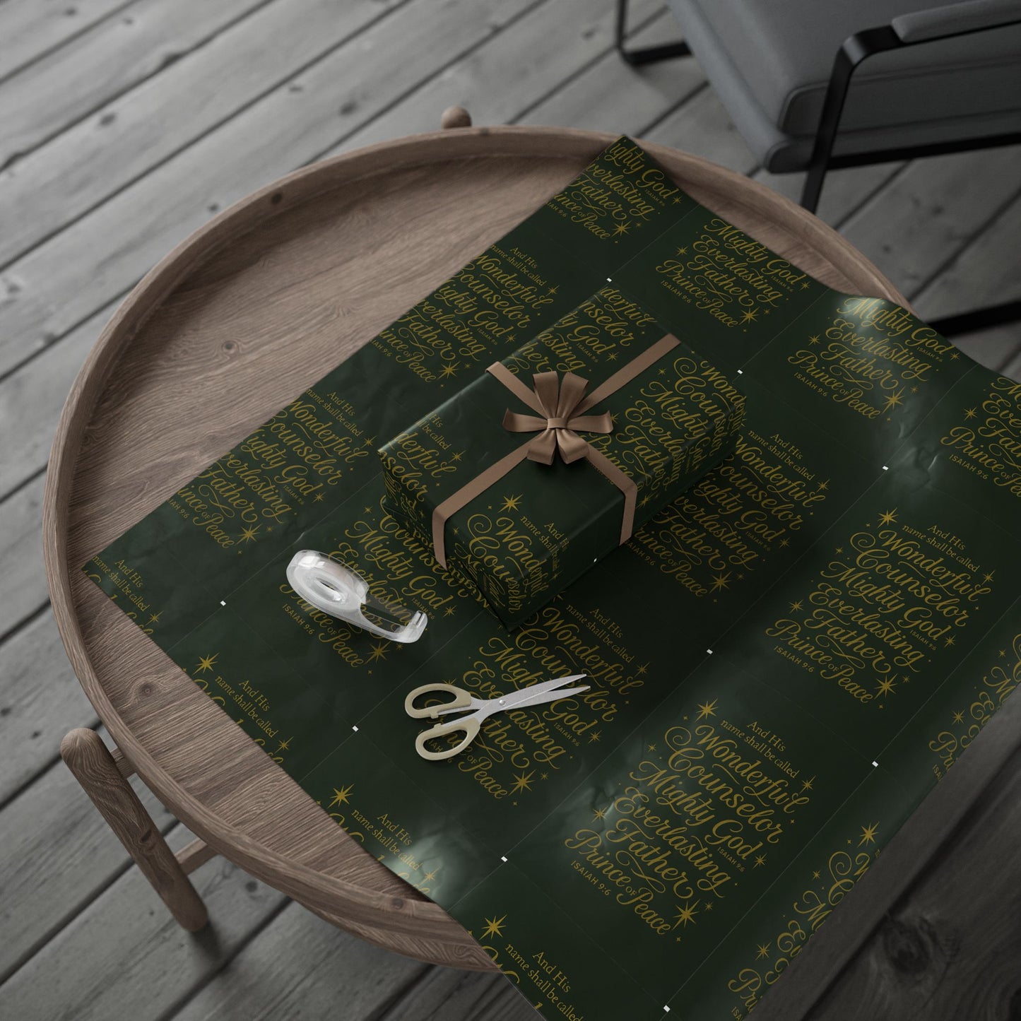 Christmas Wrapping Paper – Dark Green Gold Script "Merry & Bright" Holiday Gift Wrap