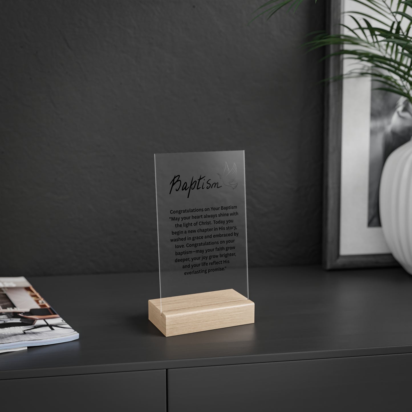 Baptism Acrylic Sign with Wooden Stand — Inspirational Christening Keepsake Plaque