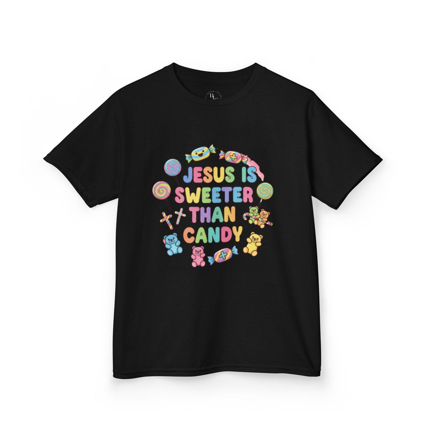 Kids Tee — "Jesus Is Sweeter Than Candy" Colorful Candy Circle Christian Shirt