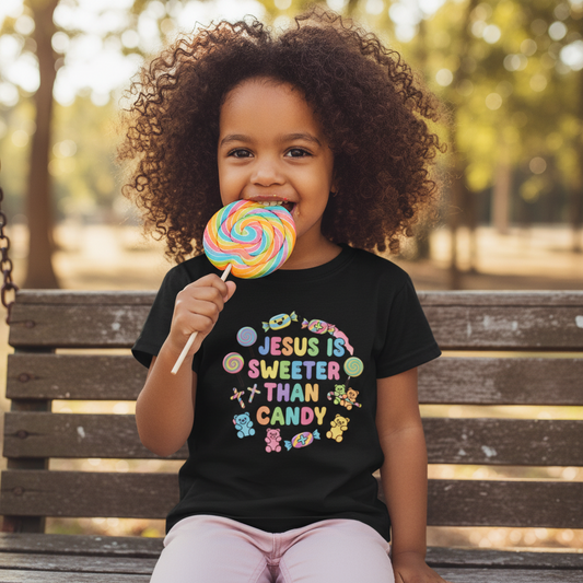 Kids Tee — "Jesus Is Sweeter Than Candy" Colorful Candy Circle Christian Shirt