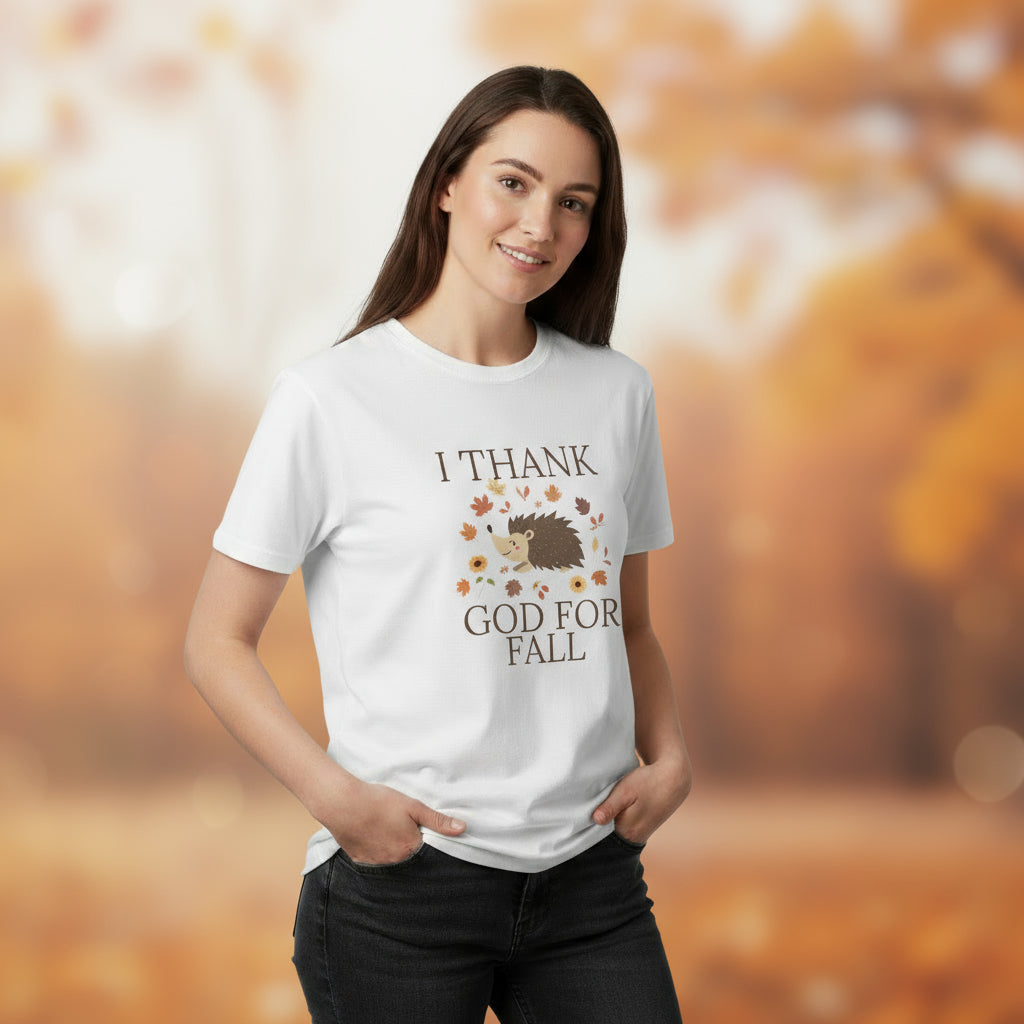 Unisex Fall Hedgehog T-Shirt | I Thank God for Fall | Autumn Apparel, Cute T-Shirt, Gift for Nature Lovers, Seasonal Fashion