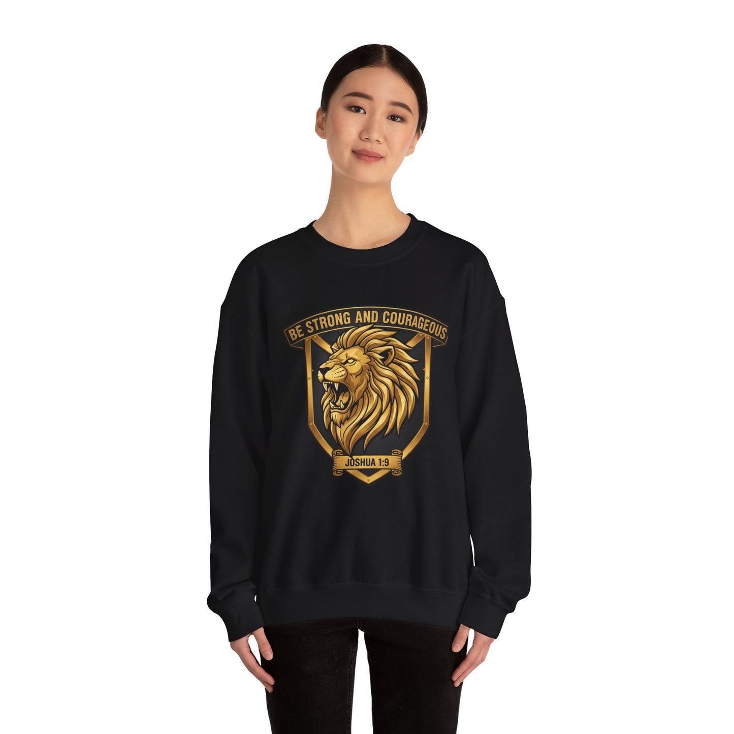 Lion Crest Crewneck Sweatshirt – "Be Strong and Courageous" Inspirational Pullover